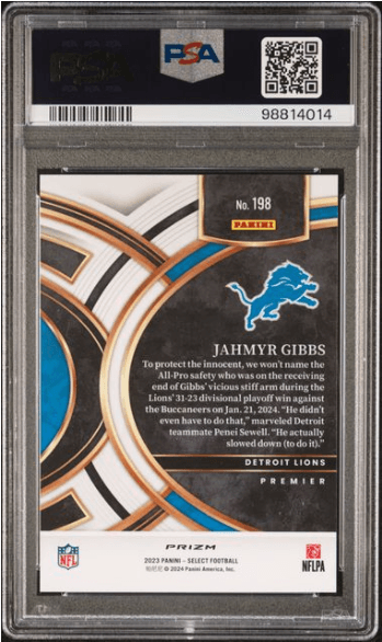 2023 Panini Select Jahmyr Gibbs RC #198 Green & Black Snakeskin Prizm — PSA 10