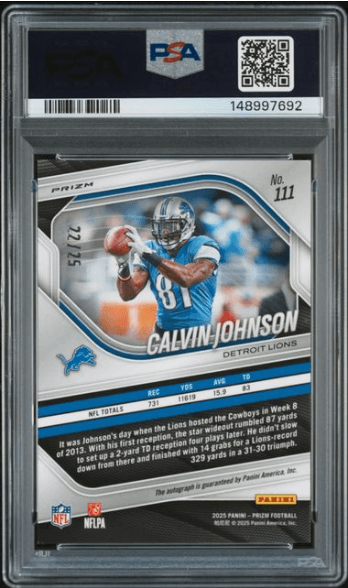 2025 Panini Prizm Calvin Johnson Autograph Blue Shimmer #111 — PSA 10 GEM MT